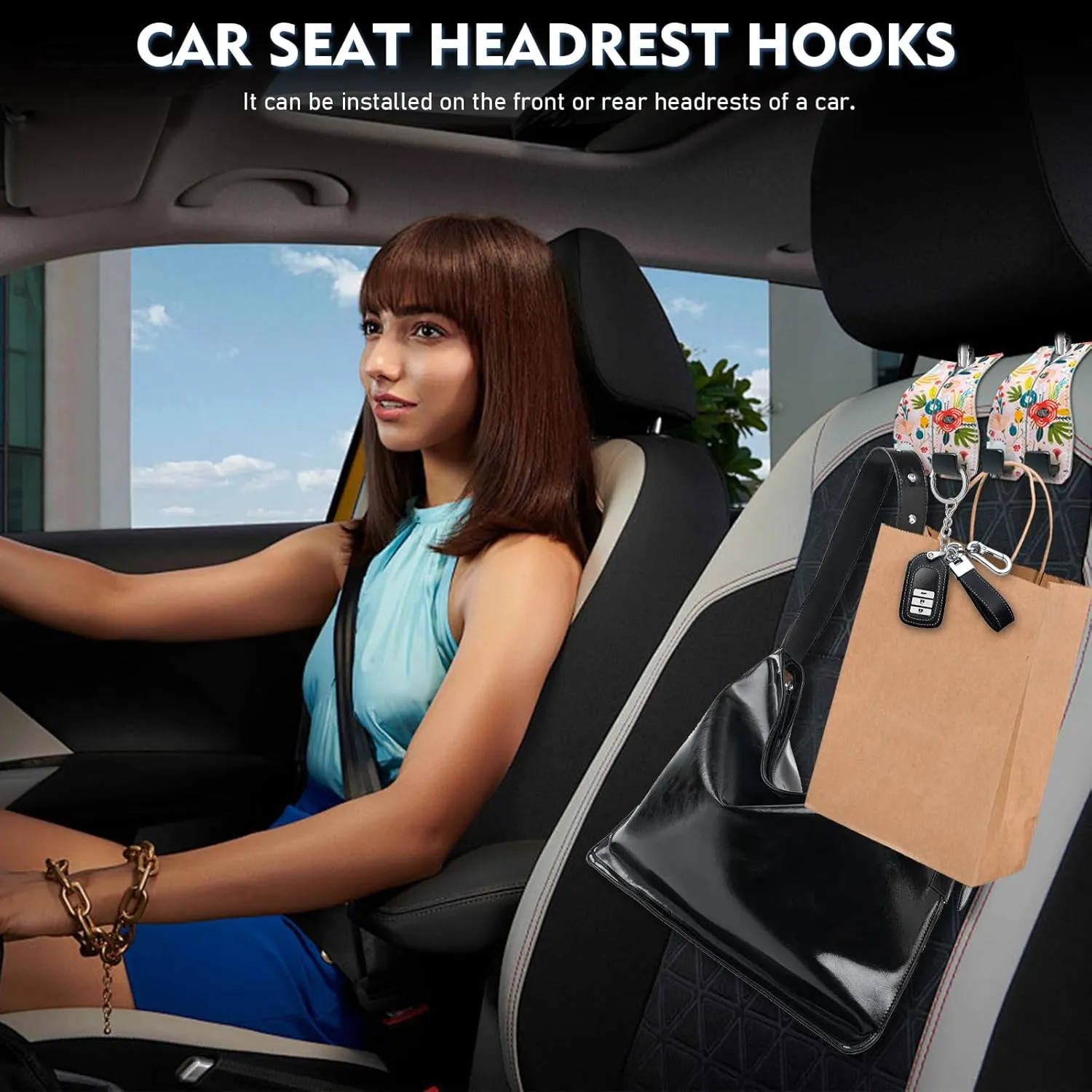 2 Pack Car Seats Hooks for Headrest, printed Premium Leather Car Headrest Hook with Metal Hooks, Seat Back Storage Hook for Backseat Organizer, Handbag Purse Coat Grocery (Flower-Pink)
