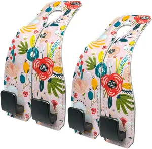 2 Pack Car Seats Hooks for Headrest, printed Premium Leather Car Headrest Hook with Metal Hooks, Seat Back Storage Hook for Backseat Organizer, Handbag Purse Coat Grocery (Flower-Pink)