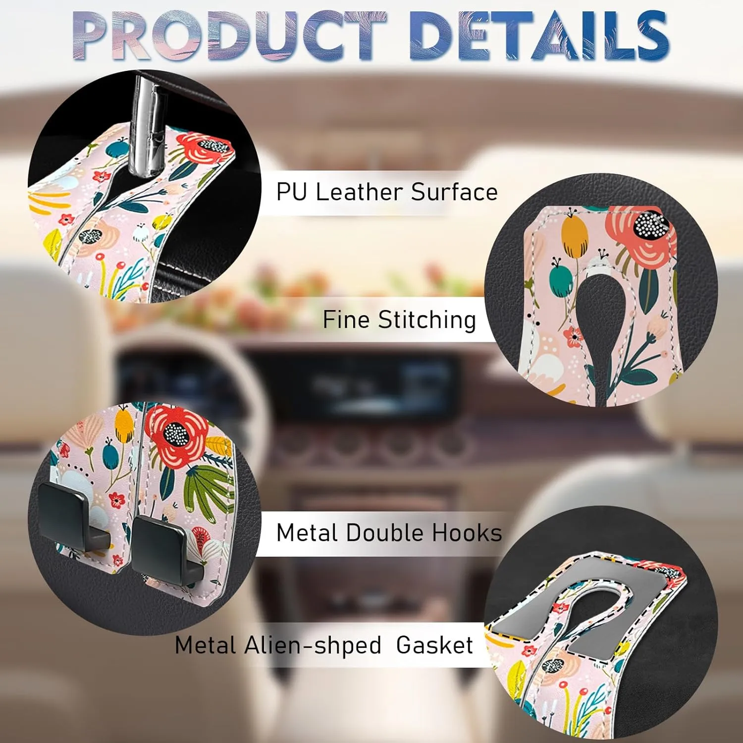 2 Pack Car Seats Hooks for Headrest, printed Premium Leather Car Headrest Hook with Metal Hooks, Seat Back Storage Hook for Backseat Organizer, Handbag Purse Coat Grocery (Flower-Pink)