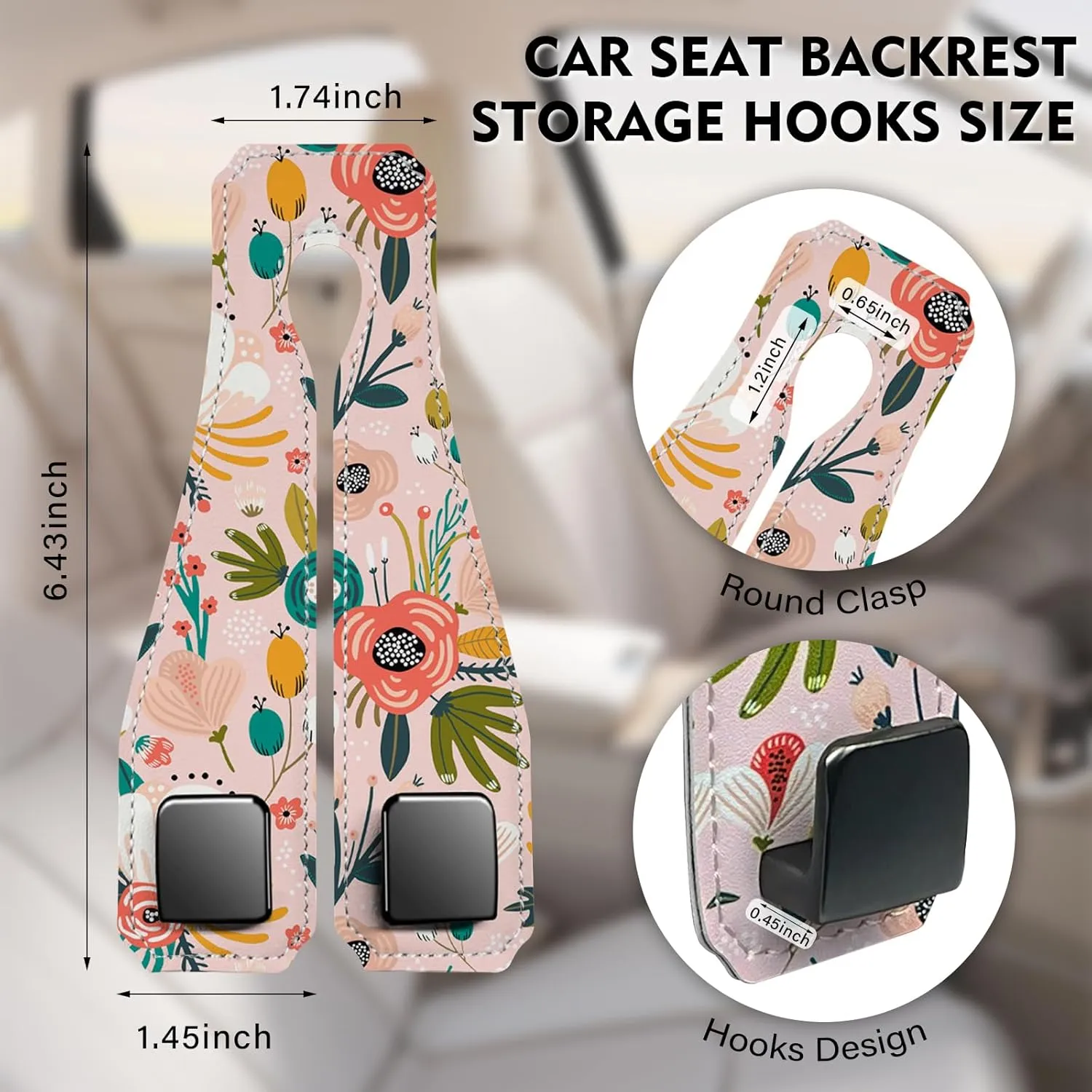 2 Pack Car Seats Hooks for Headrest, printed Premium Leather Car Headrest Hook with Metal Hooks, Seat Back Storage Hook for Backseat Organizer, Handbag Purse Coat Grocery (Flower-Pink)