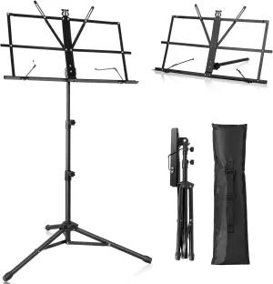 2 Pack Music Stand New bee Foldable & Portable Metal Sheet Music Stand with Carrying Bag, Adjustable Podium Stand with Tripod Base and Sheet Music Folder - Black