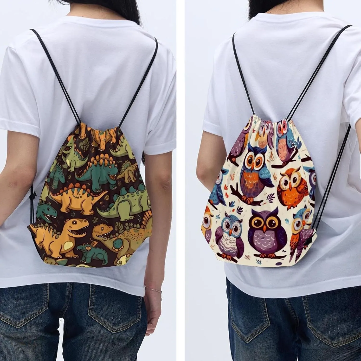 2 Pcs Dinosaur Drawstring Backpack Sports Gym Sack pack String Bag for Women Men