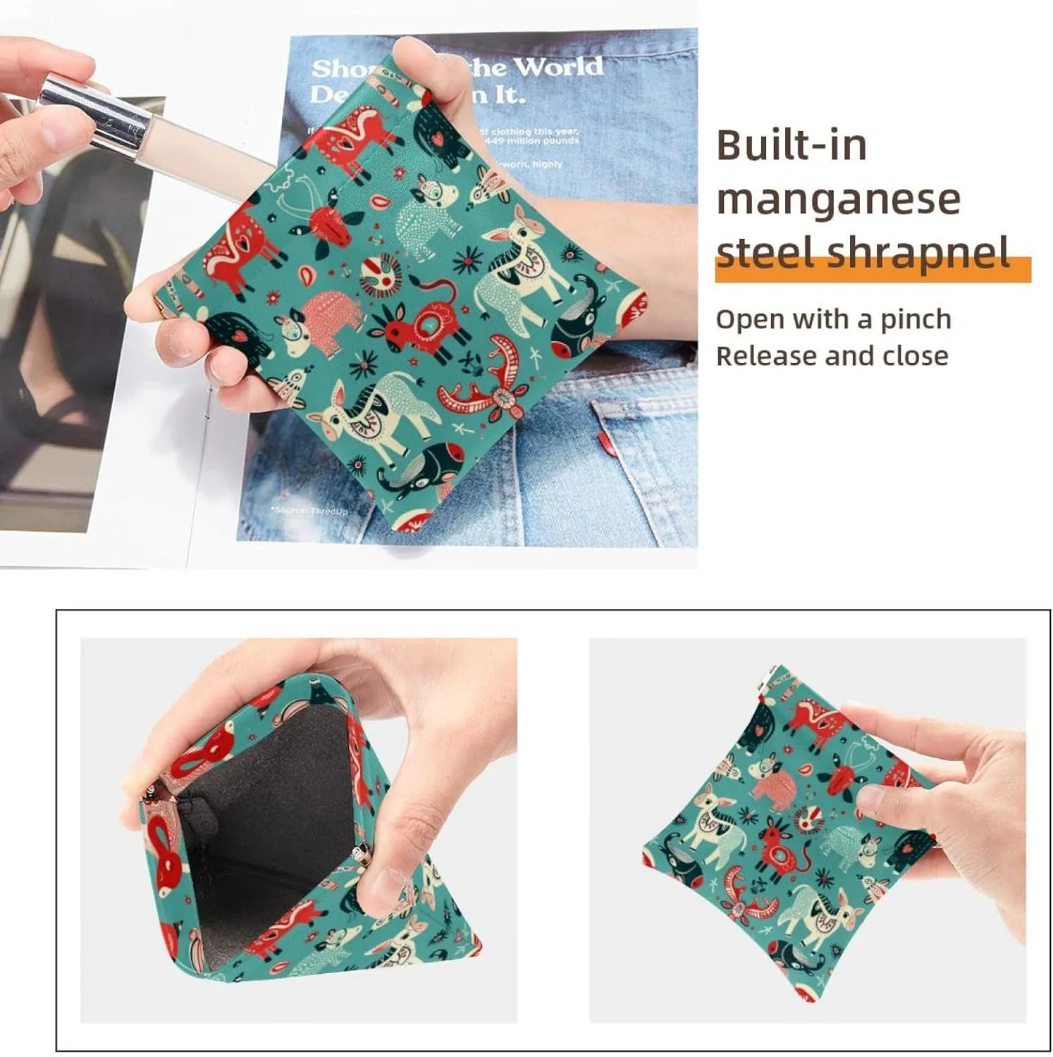 2 PCS Faux Leather Pocket Cosmetic Bag, Small Makeup Pouch Purse, Mini Portable Cosmetic Bags for Women, Multi-functional Shrapnel Storage Bag, Cow Pig Fox Sheep Cartoon Lovely Animal