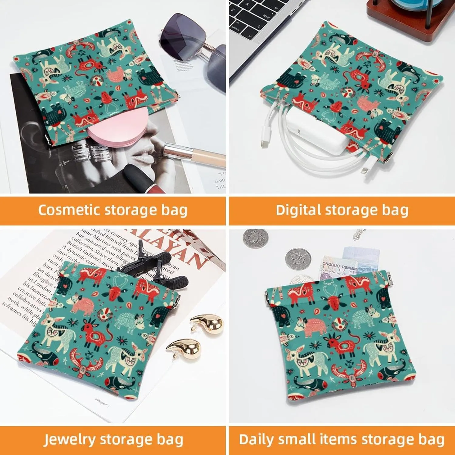 2 PCS Faux Leather Pocket Cosmetic Bag, Small Makeup Pouch Purse, Mini Portable Cosmetic Bags for Women, Multi-functional Shrapnel Storage Bag, Cow Pig Fox Sheep Cartoon Lovely Animal