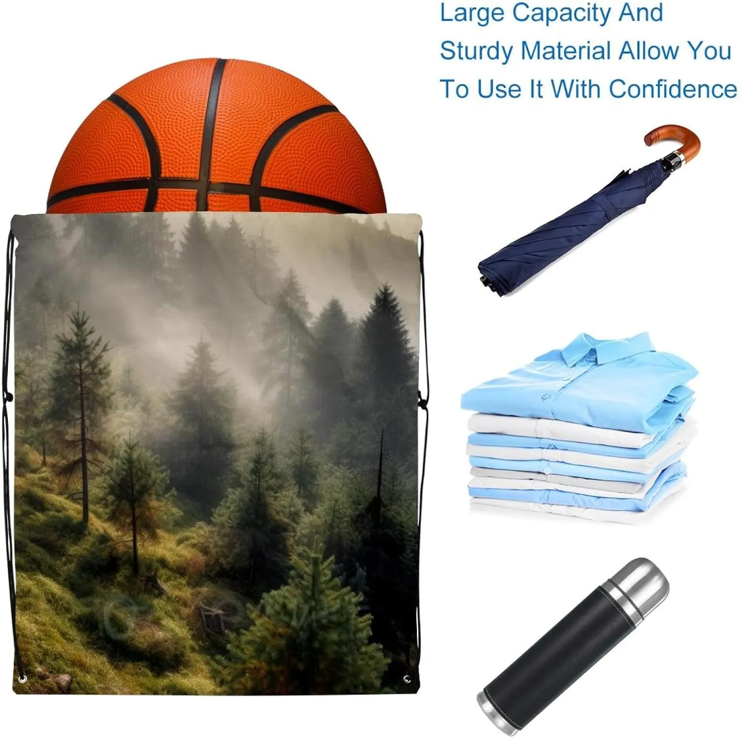 2 Pcs Misty Pine Forest on the Mountain Slope in a Nature Reserve Drawstring Backpack Drawstring Gym Bag Draw String Bag for Sports, Gym, Travel, Swimming, Beach