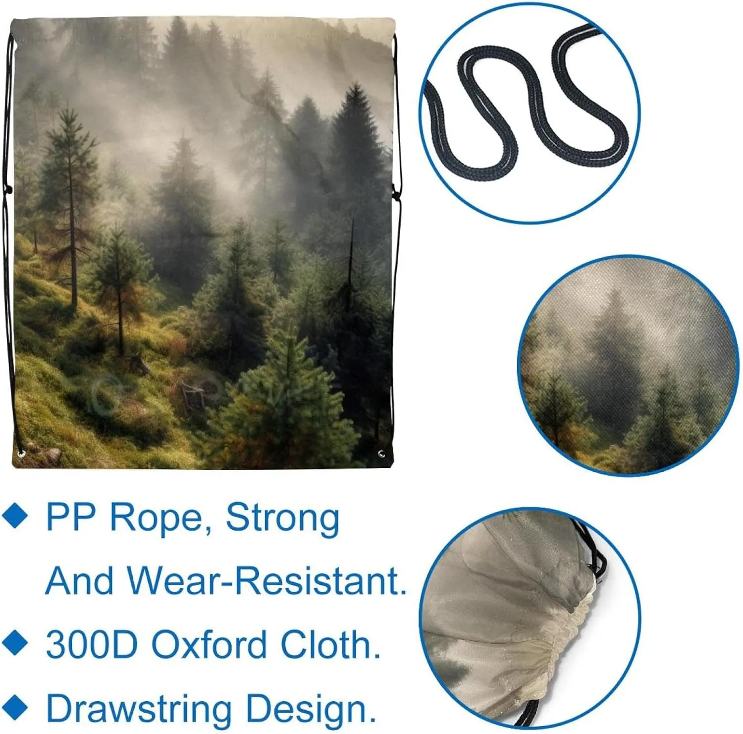 2 Pcs Misty Pine Forest on the Mountain Slope in a Nature Reserve Drawstring Backpack Drawstring Gym Bag Draw String Bag for Sports, Gym, Travel, Swimming, Beach