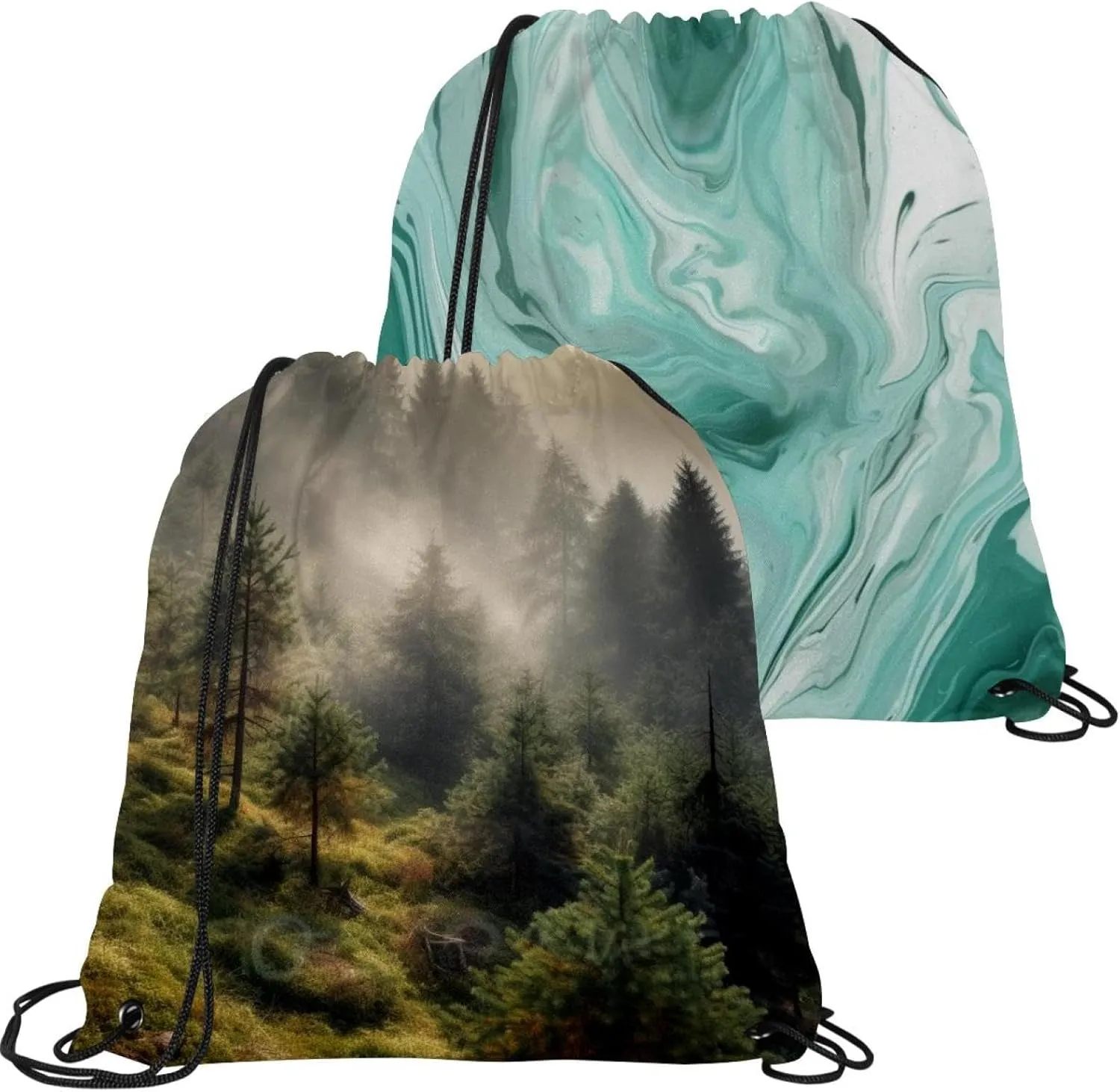 2 Pcs Misty Pine Forest on the Mountain Slope in a Nature Reserve Drawstring Backpack Drawstring Gym Bag Draw String Bag for Sports, Gym, Travel, Swimming, Beach