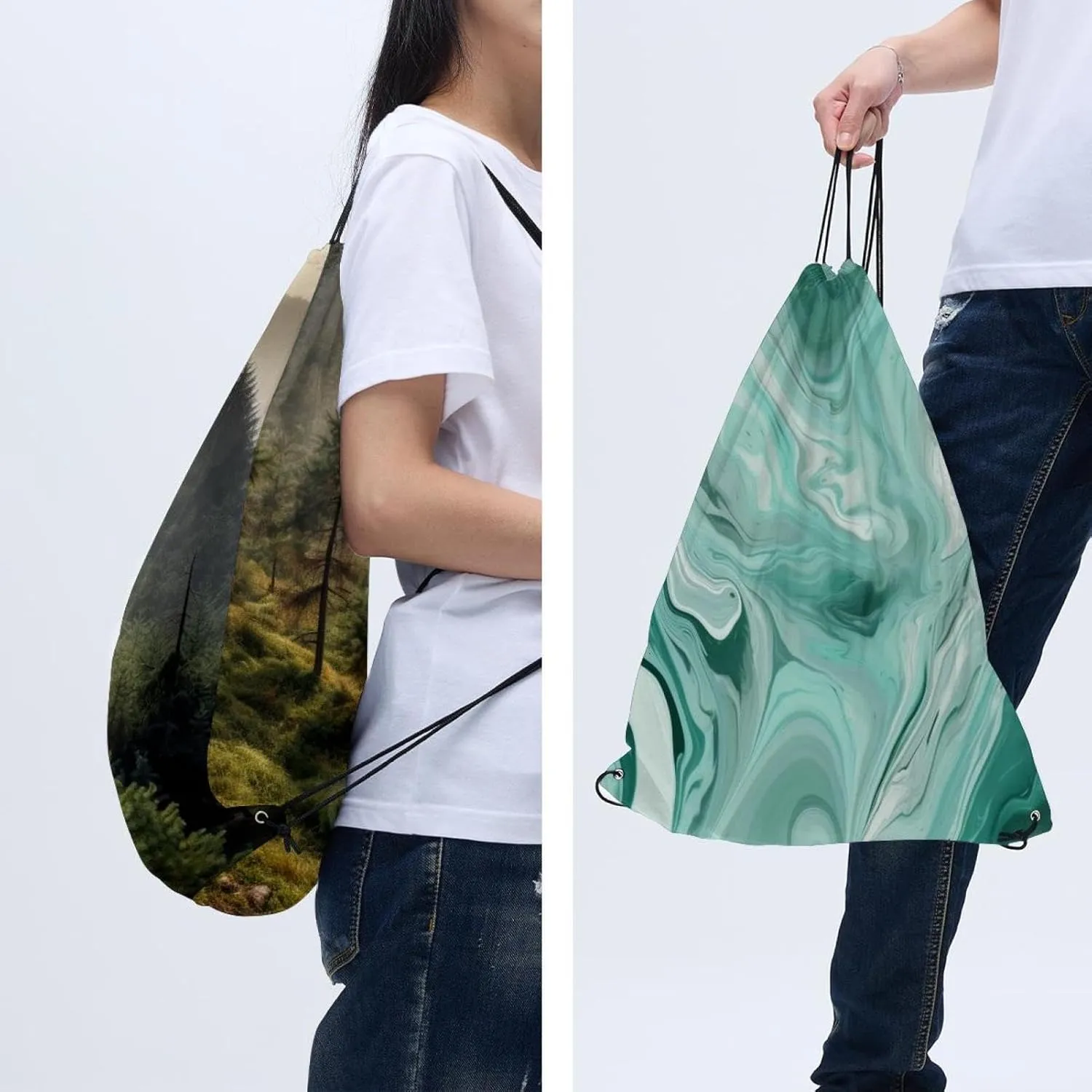 2 Pcs Misty Pine Forest on the Mountain Slope in a Nature Reserve Drawstring Backpack Drawstring Gym Bag Draw String Bag for Sports, Gym, Travel, Swimming, Beach