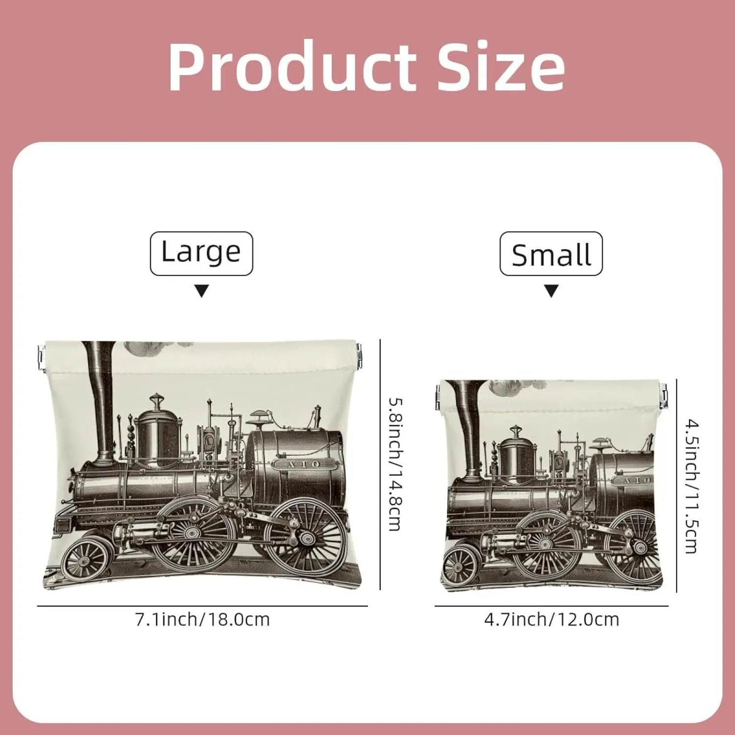 2 Piece Faux Leather Pocket Cosmetic Bag, Small Pouches for Purse, Self-Closing Makeup Pouch for Women, Portable Squeeze Top Cosmetic Bag, Steam Engine Retro