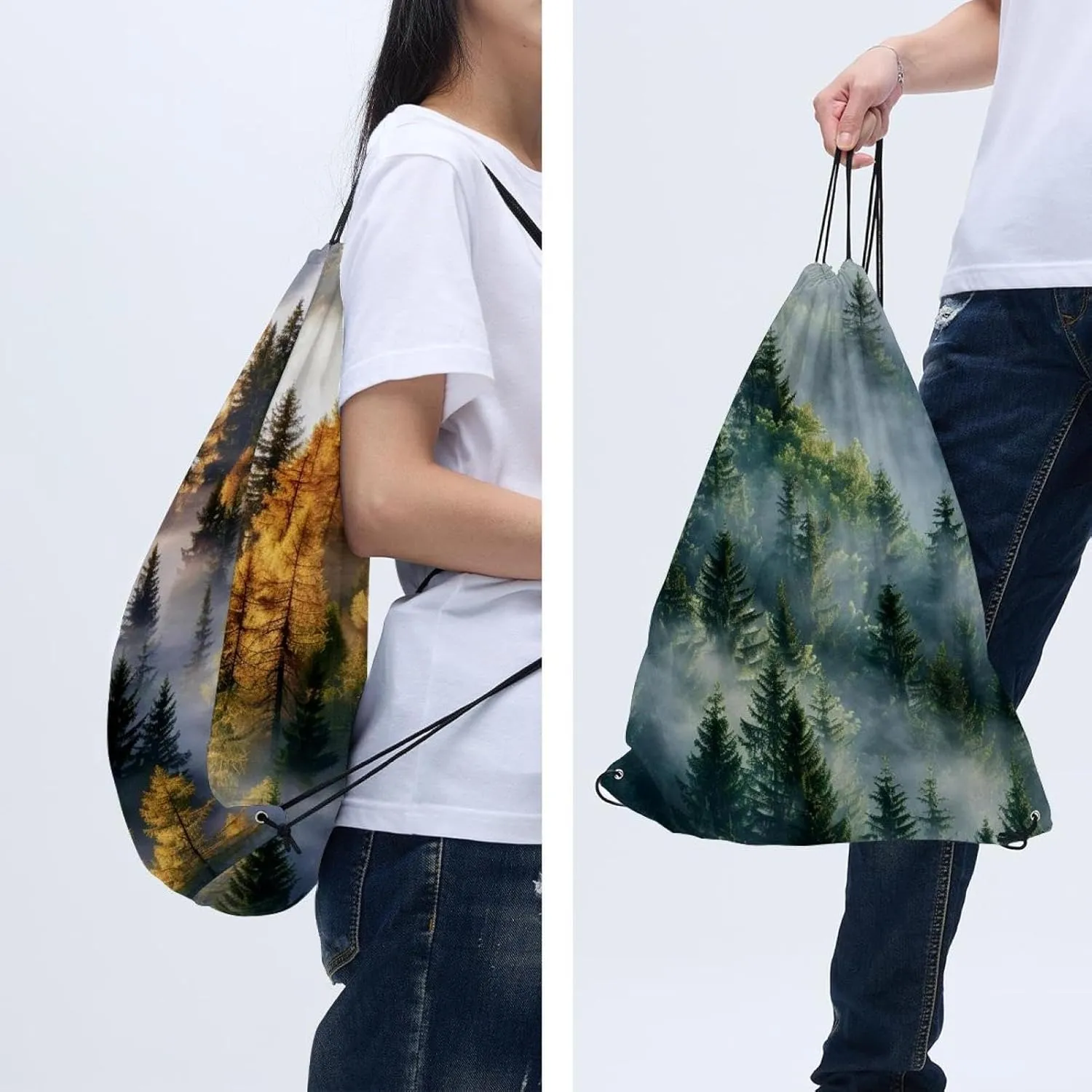2 Pieces Drawstring Backpacks, Misty Pine Forest on the Mountain Slope in a Nature Reserve Draw String Back Bag Drawstring Bags for Sports, Gym, Travel, Swimming, Beach
