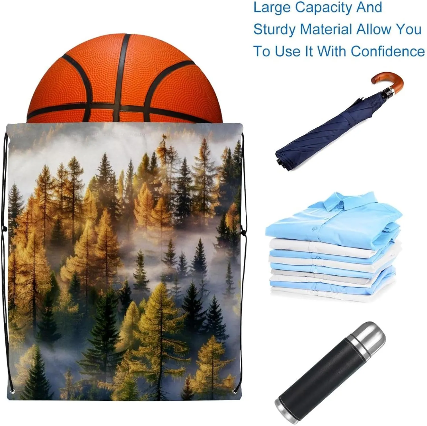2 Pieces Drawstring Backpacks, Misty Pine Forest on the Mountain Slope in a Nature Reserve Draw String Back Bag Drawstring Bags for Sports, Gym, Travel, Swimming, Beach
