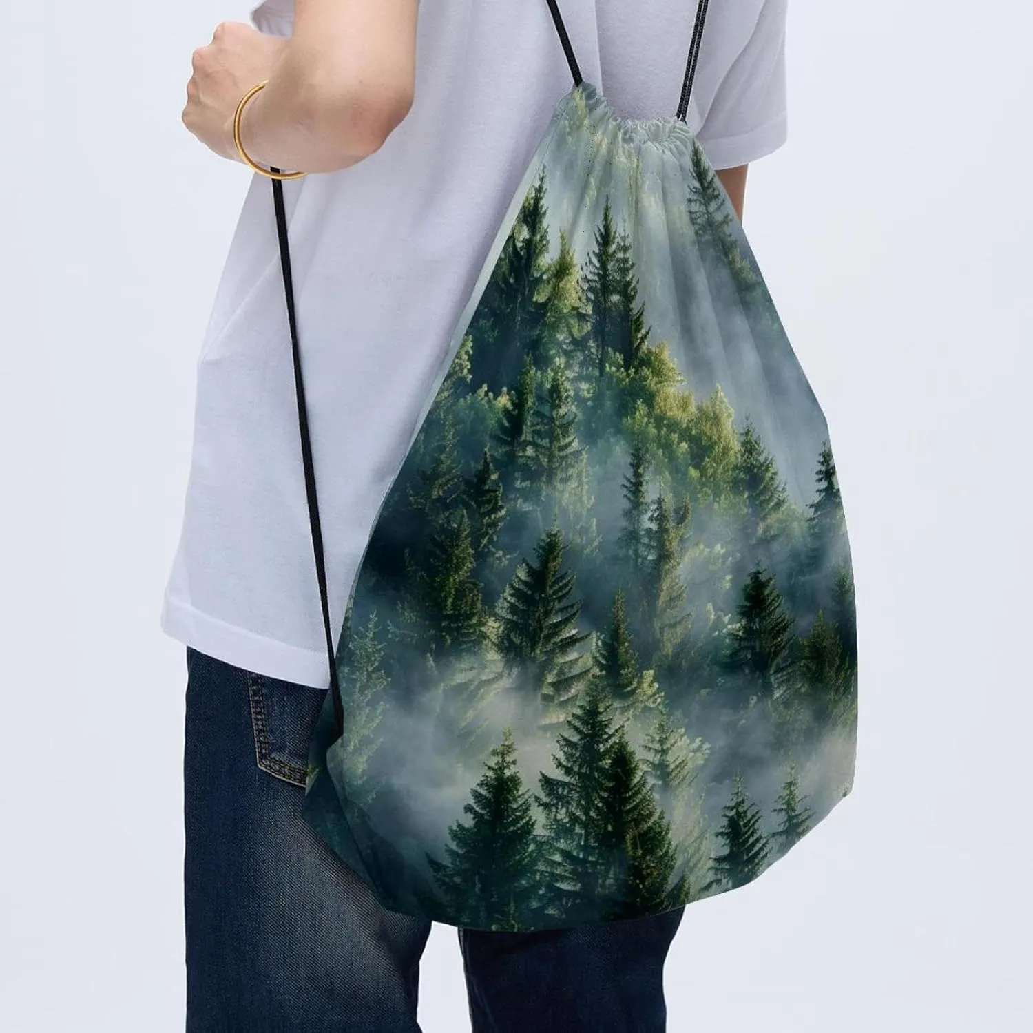 2 Pieces Drawstring Backpacks, Misty Pine Forest on the Mountain Slope in a Nature Reserve Draw String Back Bag Drawstring Bags for Sports, Gym, Travel, Swimming, Beach