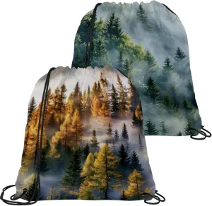 2 Pieces Drawstring Backpacks, Misty Pine Forest on the Mountain Slope in a Nature Reserve Draw String Back Bag Drawstring Bags for Sports, Gym, Travel, Swimming, Beach
