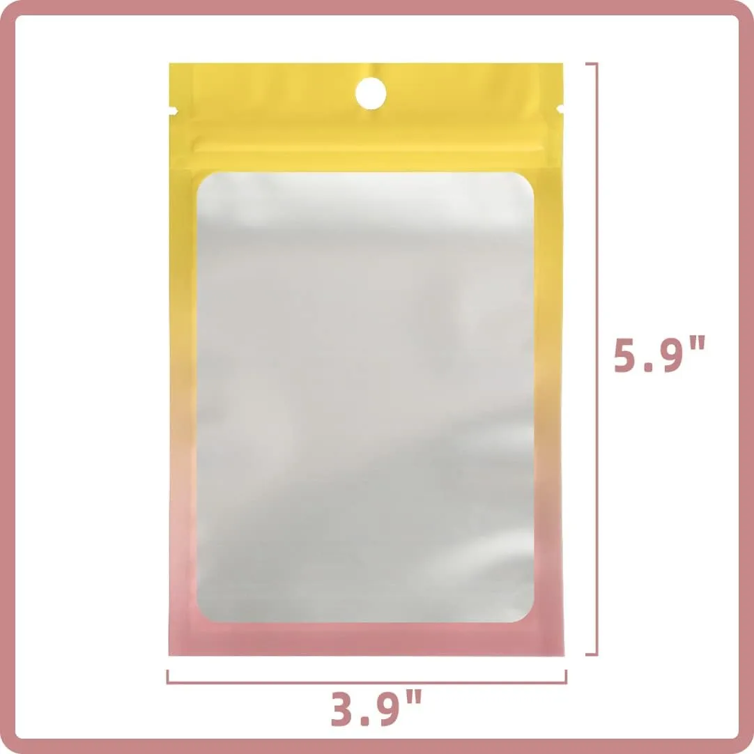 200-pack Mylar Bags Resealable Bags for Small Business with front Window Smell Proof Bag Clear Bags for Packaging bracelet candy gummies Gradient Color (4x6 inch,Yellow-Pink Gradient)