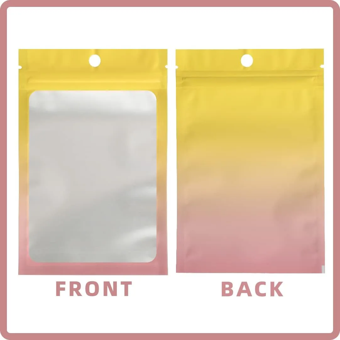 200-pack Mylar Bags Resealable Bags for Small Business with front Window Smell Proof Bag Clear Bags for Packaging bracelet candy gummies Gradient Color (4x6 inch,Yellow-Pink Gradient)