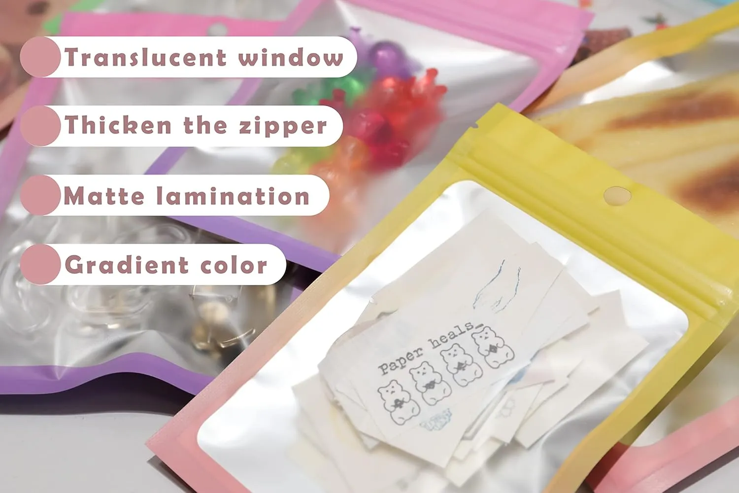 200-pack Mylar Bags Resealable Bags for Small Business with front Window Smell Proof Bag Clear Bags for Packaging bracelet candy gummies Gradient Color (4x6 inch,Yellow-Pink Gradient)