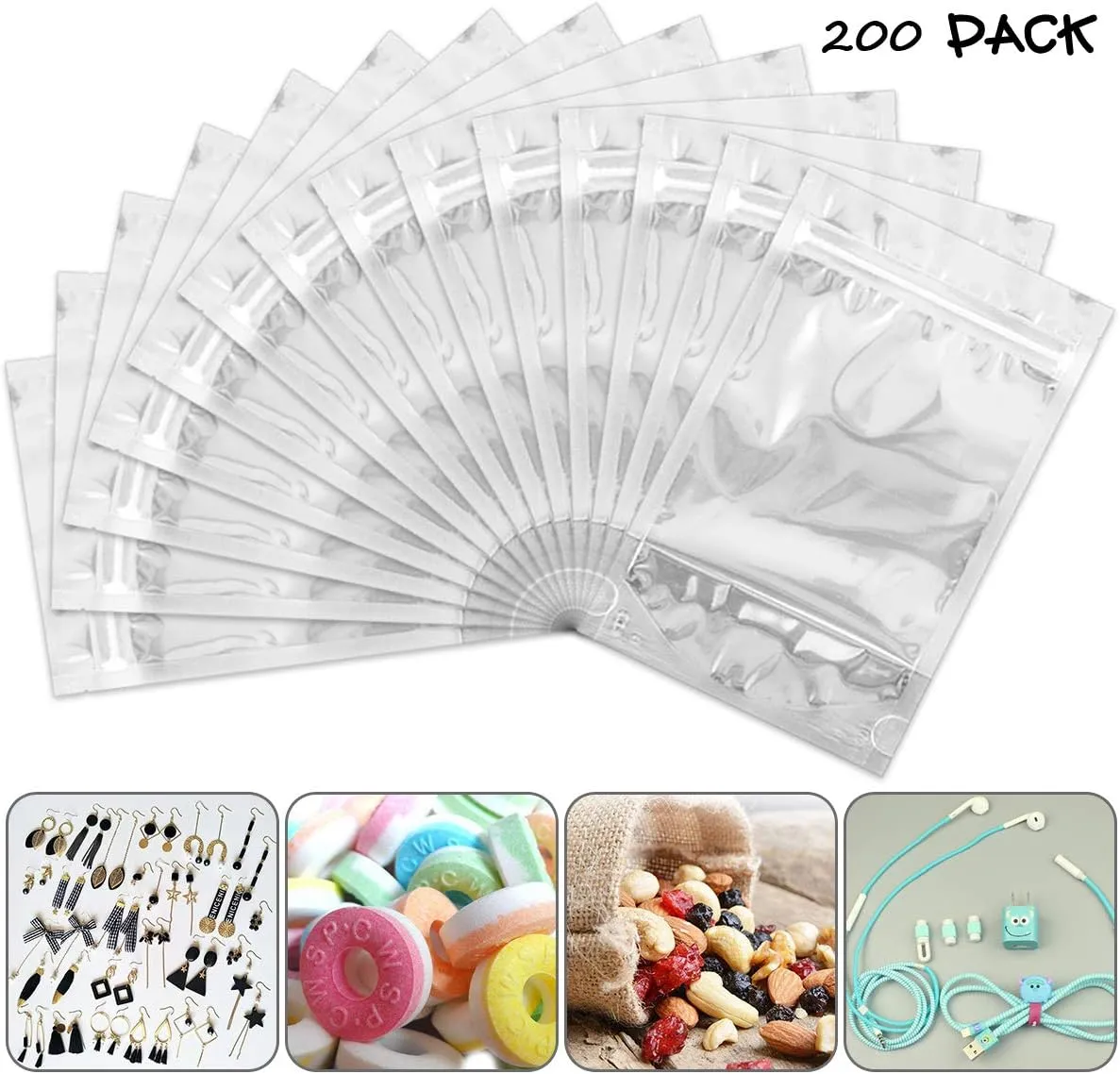 200 Pack Mylar Bags with Window for Food Storage and Resealable for Small Business Packaging Bag Supplies Great for Party Favor Food Storage (Silver, 5x8Inches)