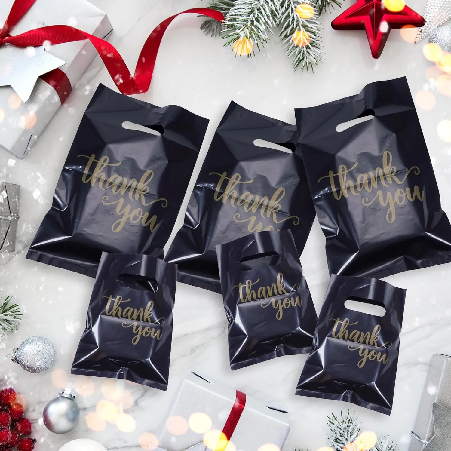 200Pcs Thank You Shopping Bags for Small Business with Handles, 3 Size Iclude 13.8x9.8 In, 11.8x7.9 In, 7.9x5.9 In, Retail shopping bags for Craft Shows, Clothes, Party Favors (Black)