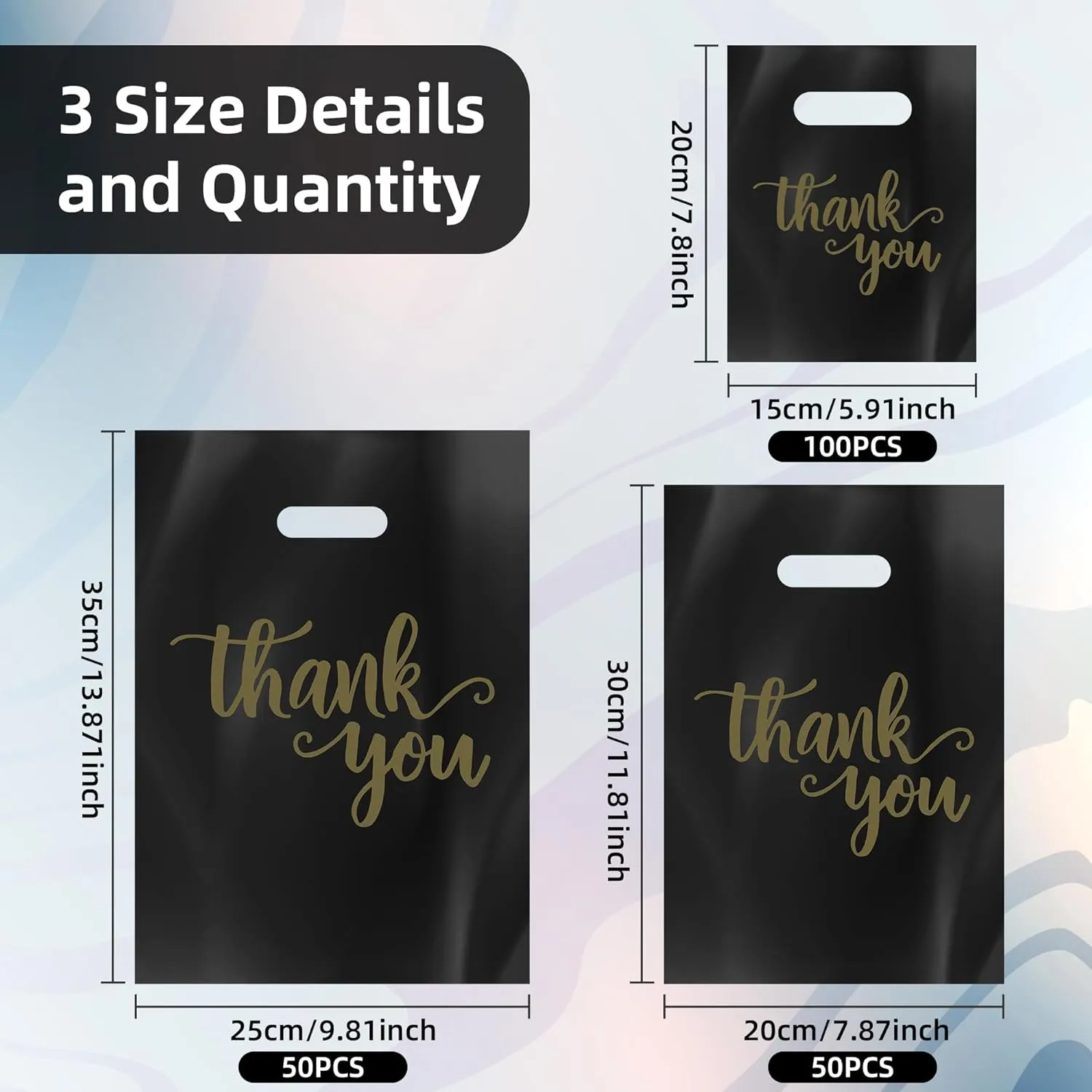 200Pcs Thank You Shopping Bags for Small Business with Handles, 3 Size Iclude 13.8x9.8 In, 11.8x7.9 In, 7.9x5.9 In, Retail shopping bags for Craft Shows, Clothes, Party Favors (Black)