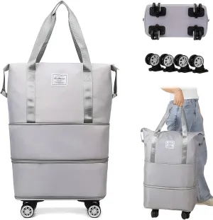 2025 New Pepepo Travel Bag with Wheels, Pepepo Large Travel Bag with Wheels, Expandable Foldable Duffle Bag, Large Capacity Wide-Open Travel Cosmetic Bag, Dry and Wet Separation (GRAY)
