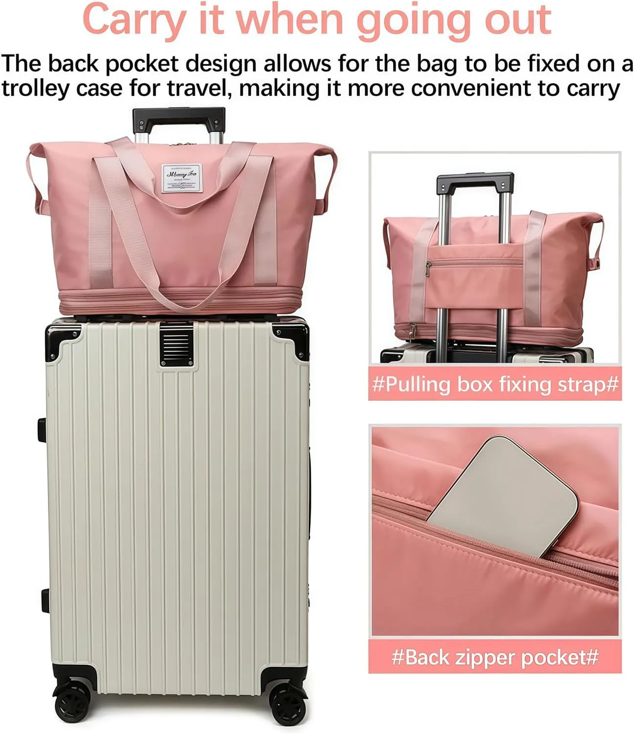 2025 New Pepepo Travel Bag with Wheels, Pepepo Large Travel Bag with Wheels, Expandable Foldable Duffle Bag, Large Capacity Wide-Open Travel Cosmetic Bag, Dry and Wet Separation (PINK)