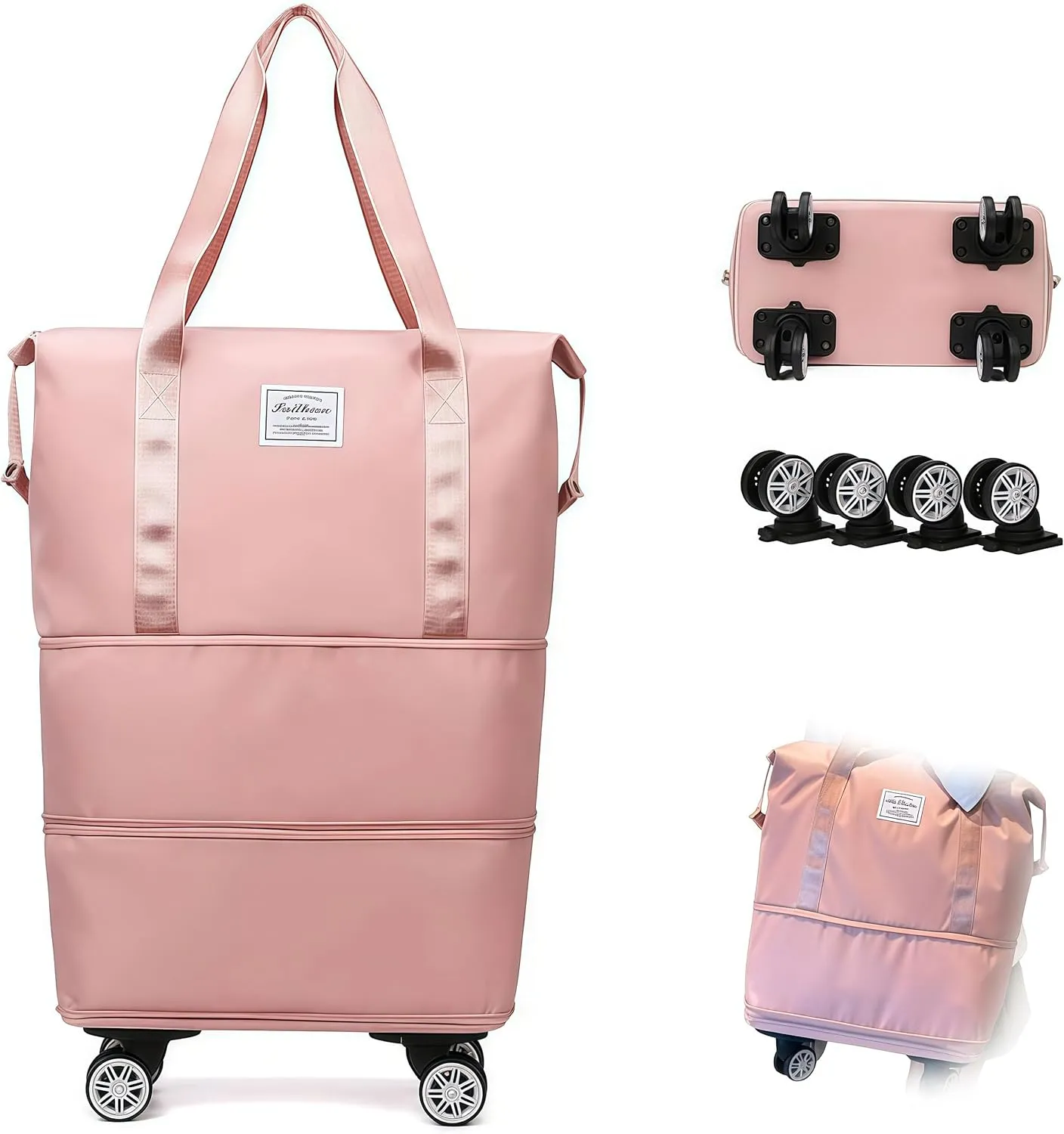 2025 New Pepepo Travel Bag with Wheels, Pepepo Large Travel Bag with Wheels, Expandable Foldable Duffle Bag, Large Capacity Wide-Open Travel Cosmetic Bag, Dry and Wet Separation (PINK)