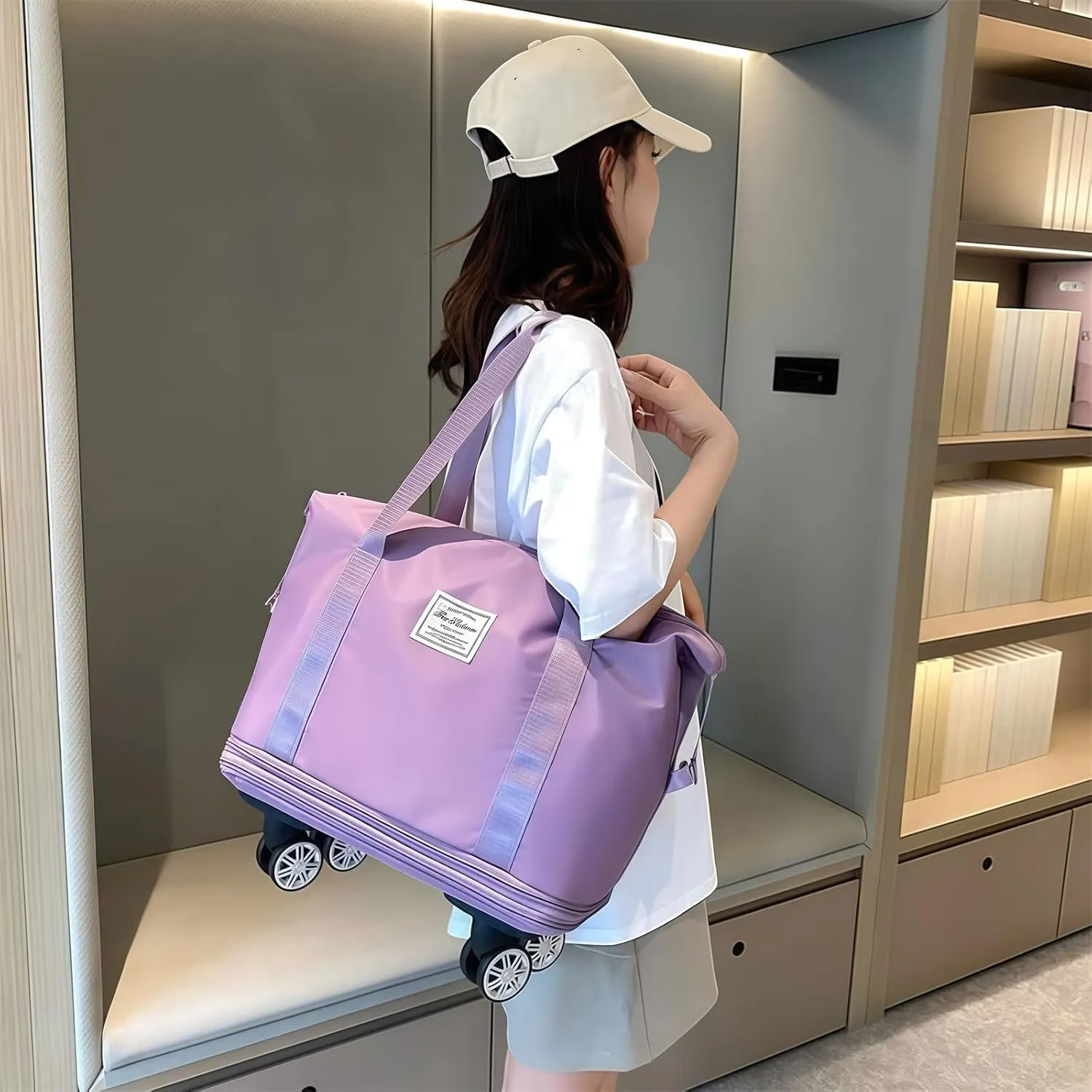 2025 New Pepepo Travel Bag with Wheels, Pepepo Large Travel Bag with Wheels, Expandable Foldable Duffle Bag, Large Capacity Wide-Open Travel Cosmetic Bag, Dry and Wet Separation (PINK)