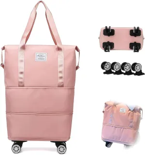 2025 New Pepepo Travel Bag with Wheels, Pepepo Large Travel Bag with Wheels, Expandable Foldable Duffle Bag, Large Capacity Wide-Open Travel Cosmetic Bag, Dry and Wet Separation (PINK)