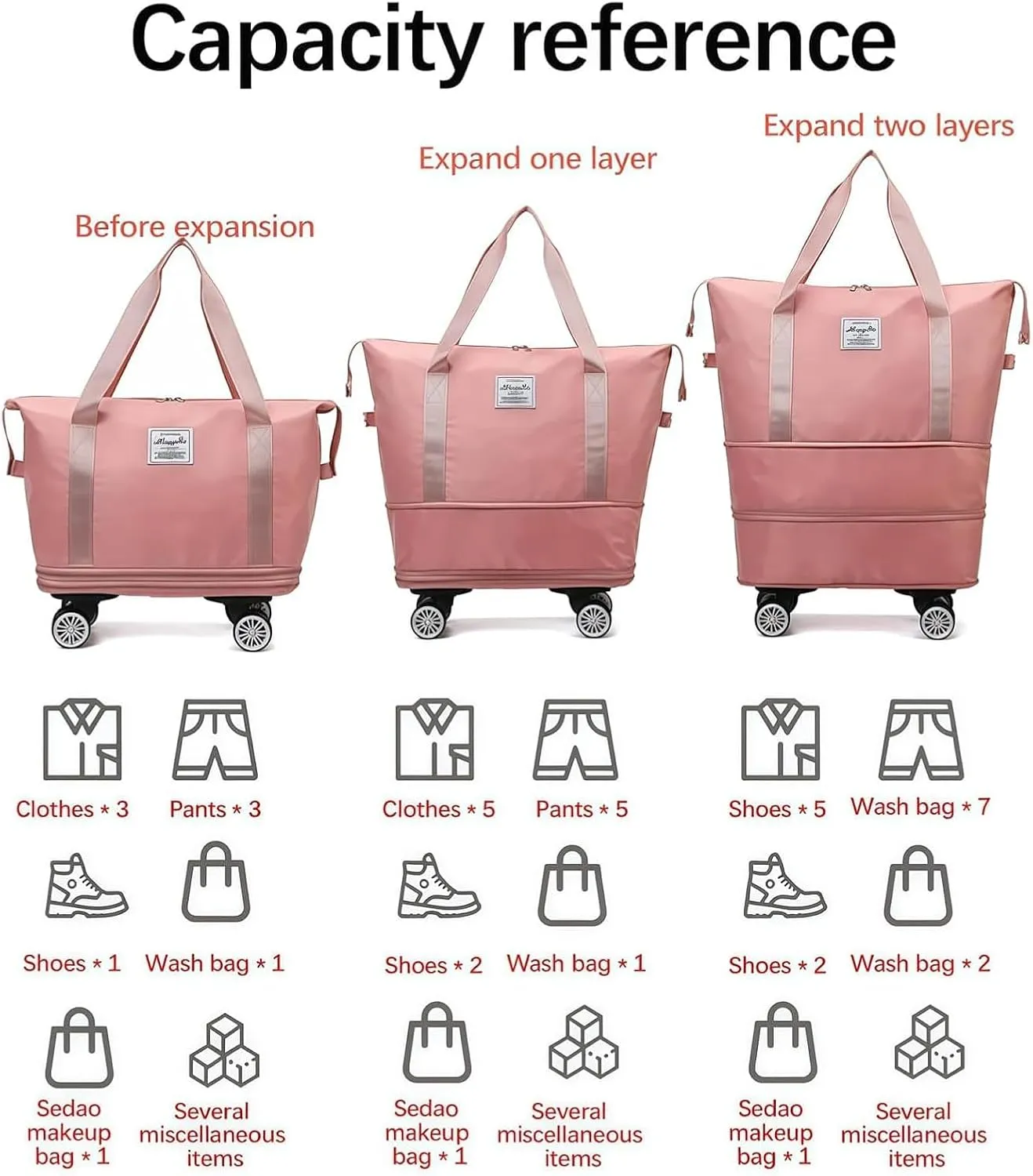2025 New Travel Bag with Wheels, Expandable Foldable Duffle Bag,Dry and Wet Separation,Large Capacity Wide-Open Travel Cosmetic Bag (Light purple)