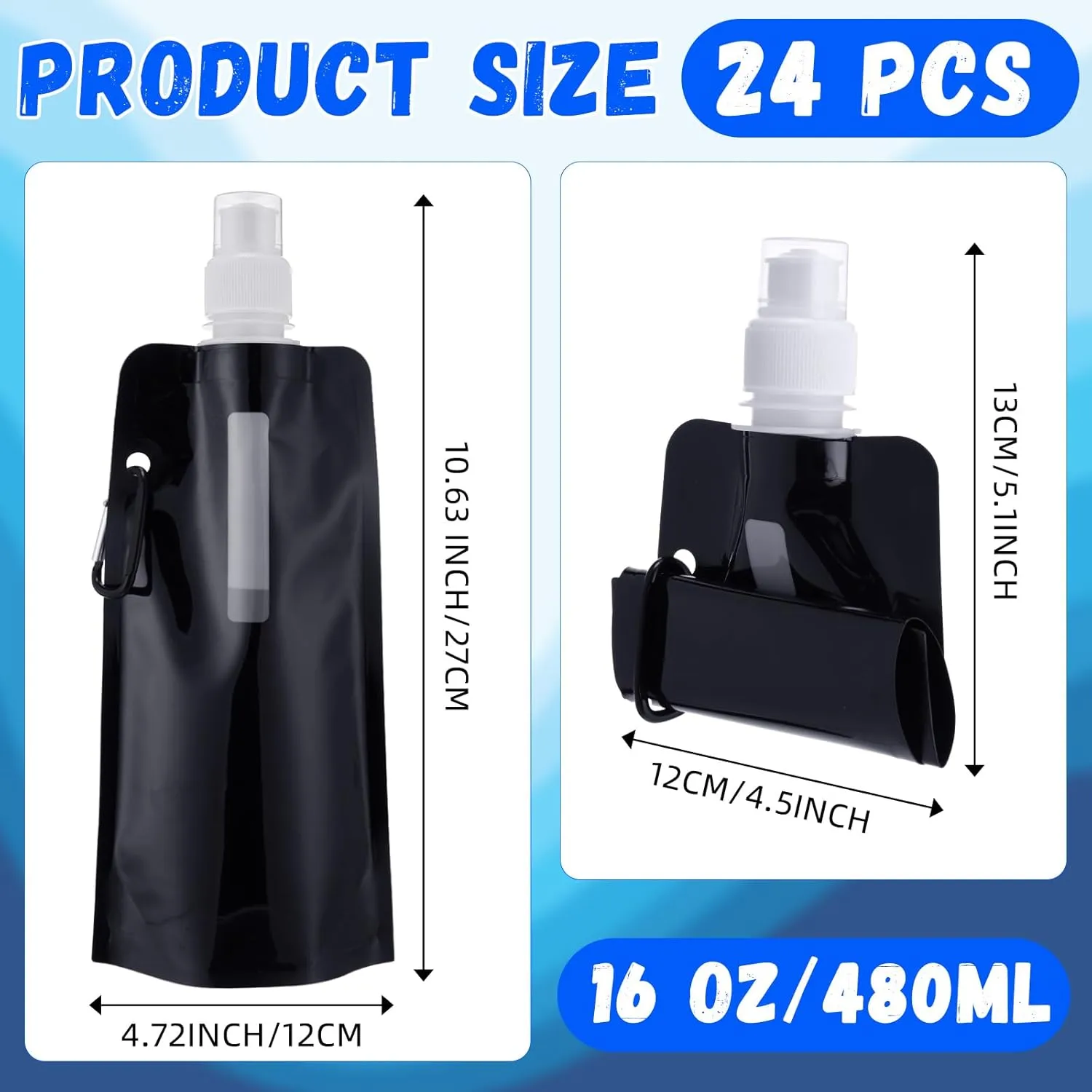 24 Pack Collapsible Water Bottles Bulk 16oz Foldable Water Bottles with Carabiner Reusable Drinking Leak Proof Container Bags for Sports Biking Hiking Camping Travel Outdoor(Black)