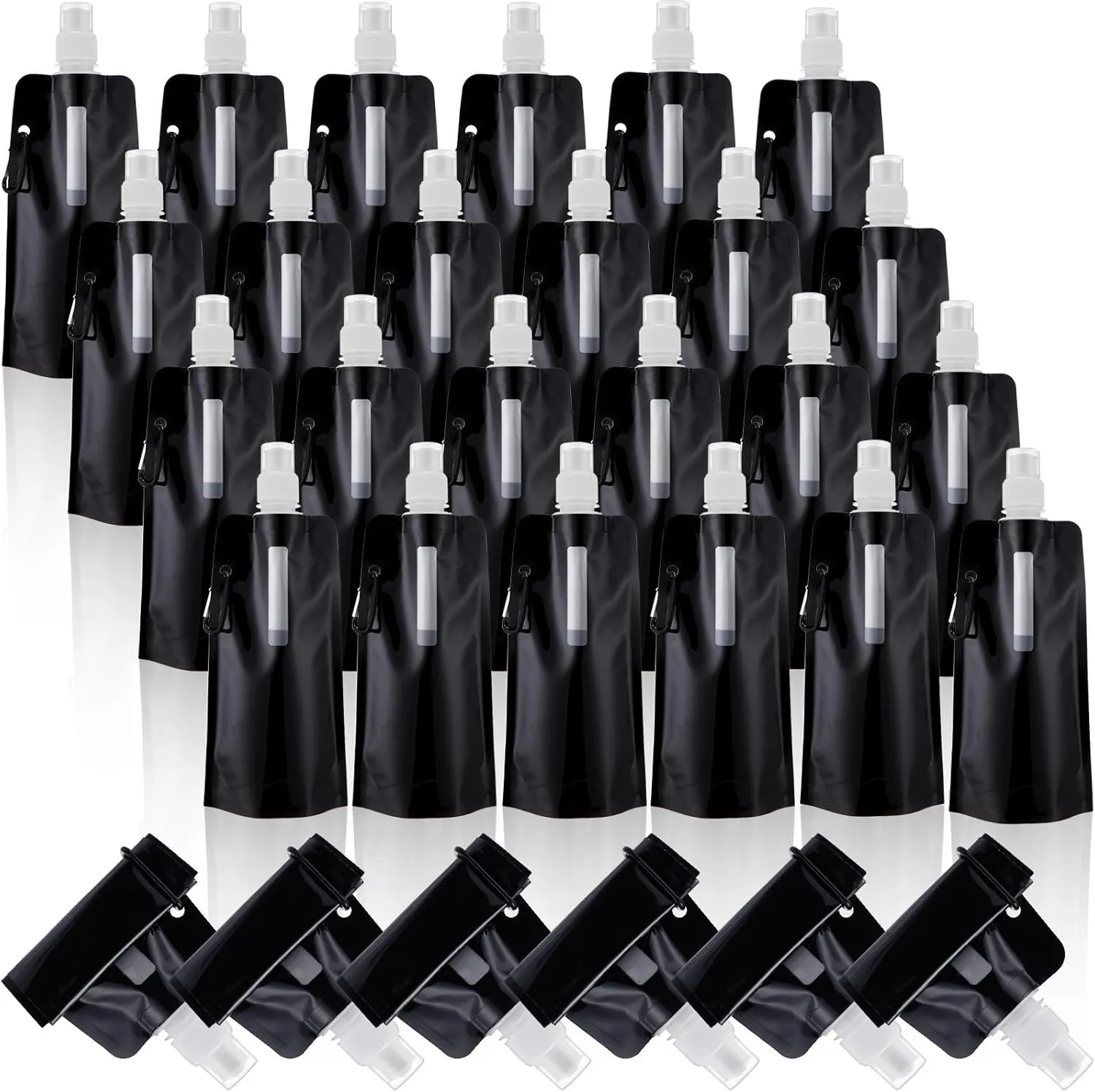 24 Pack Collapsible Water Bottles Bulk 16oz Foldable Water Bottles with Carabiner Reusable Drinking Leak Proof Container Bags for Sports Biking Hiking Camping Travel Outdoor(Black)