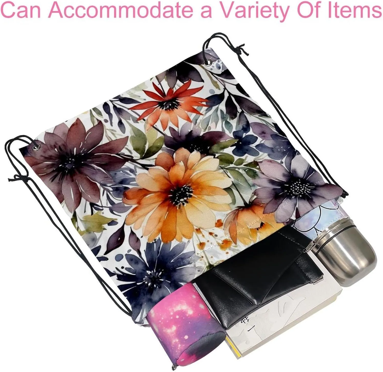 2PCS Flowers and Green Leaves Draw String Bags Drawstring Backpack for Sports, Gym, Travel, Swimming, Beach