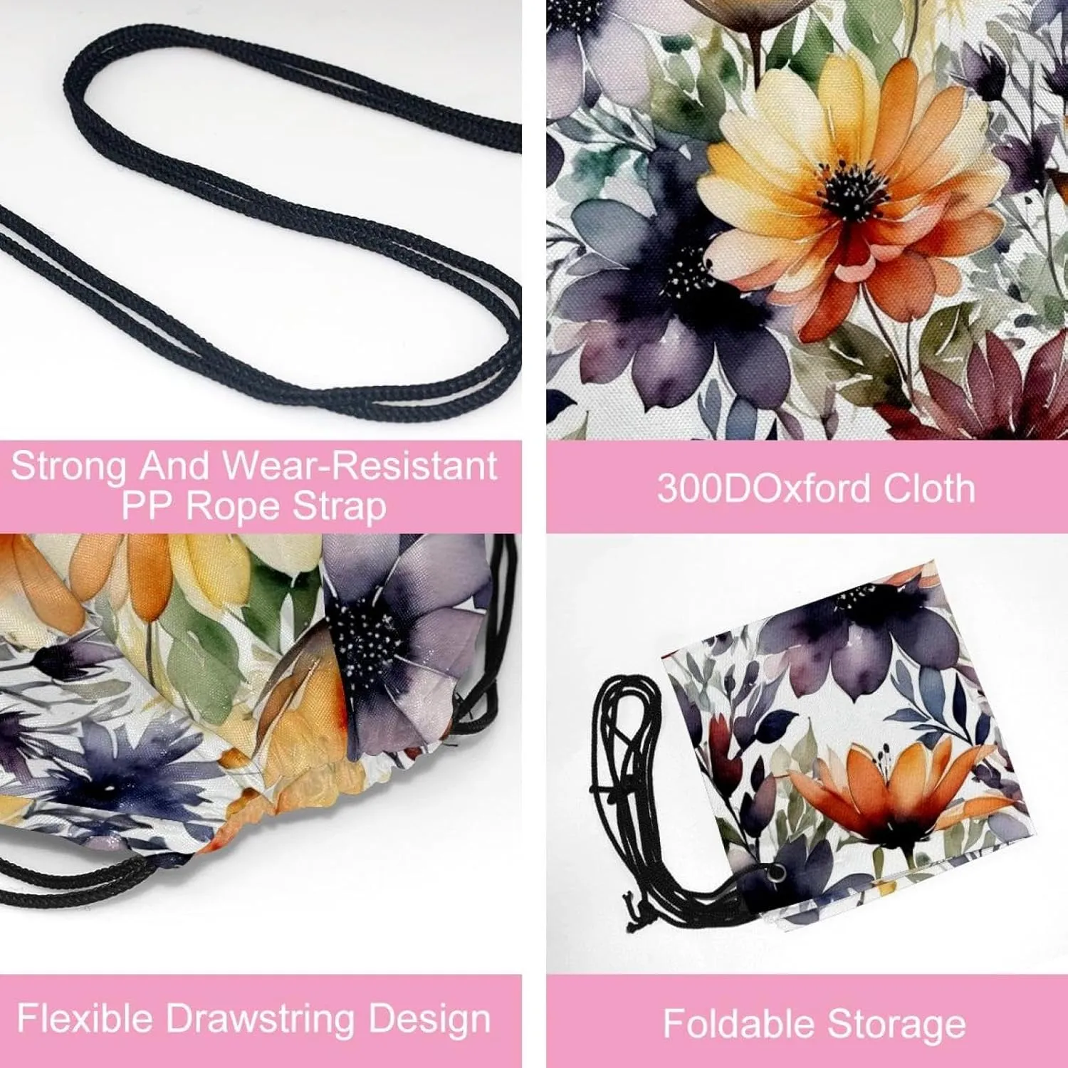 2PCS Flowers and Green Leaves Draw String Bags Drawstring Backpack for Sports, Gym, Travel, Swimming, Beach