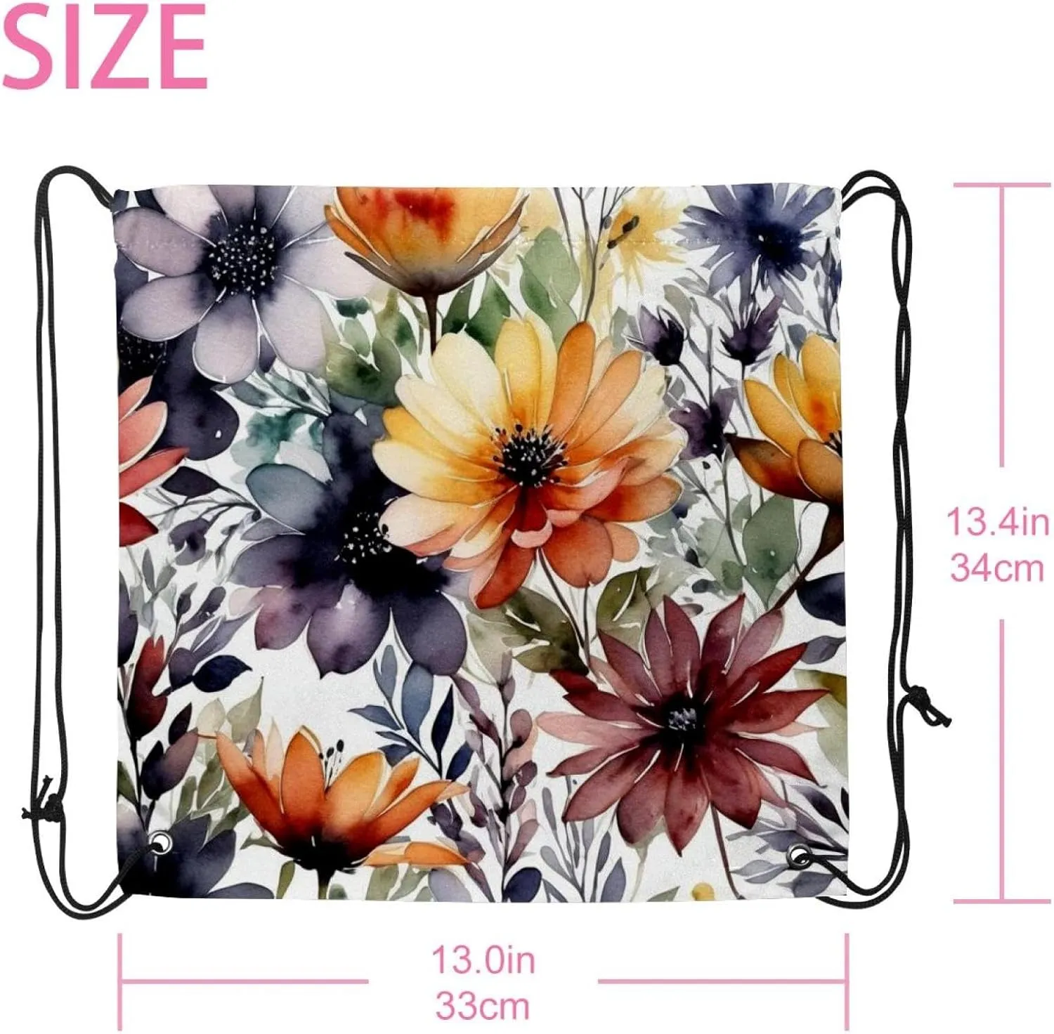 2PCS Flowers and Green Leaves Draw String Bags Drawstring Backpack for Sports, Gym, Travel, Swimming, Beach