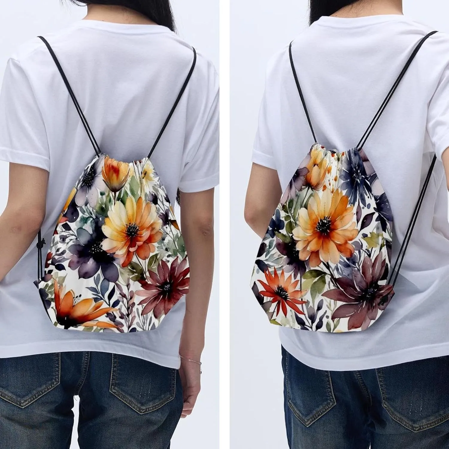 2PCS Flowers and Green Leaves Draw String Bags Drawstring Backpack for Sports, Gym, Travel, Swimming, Beach