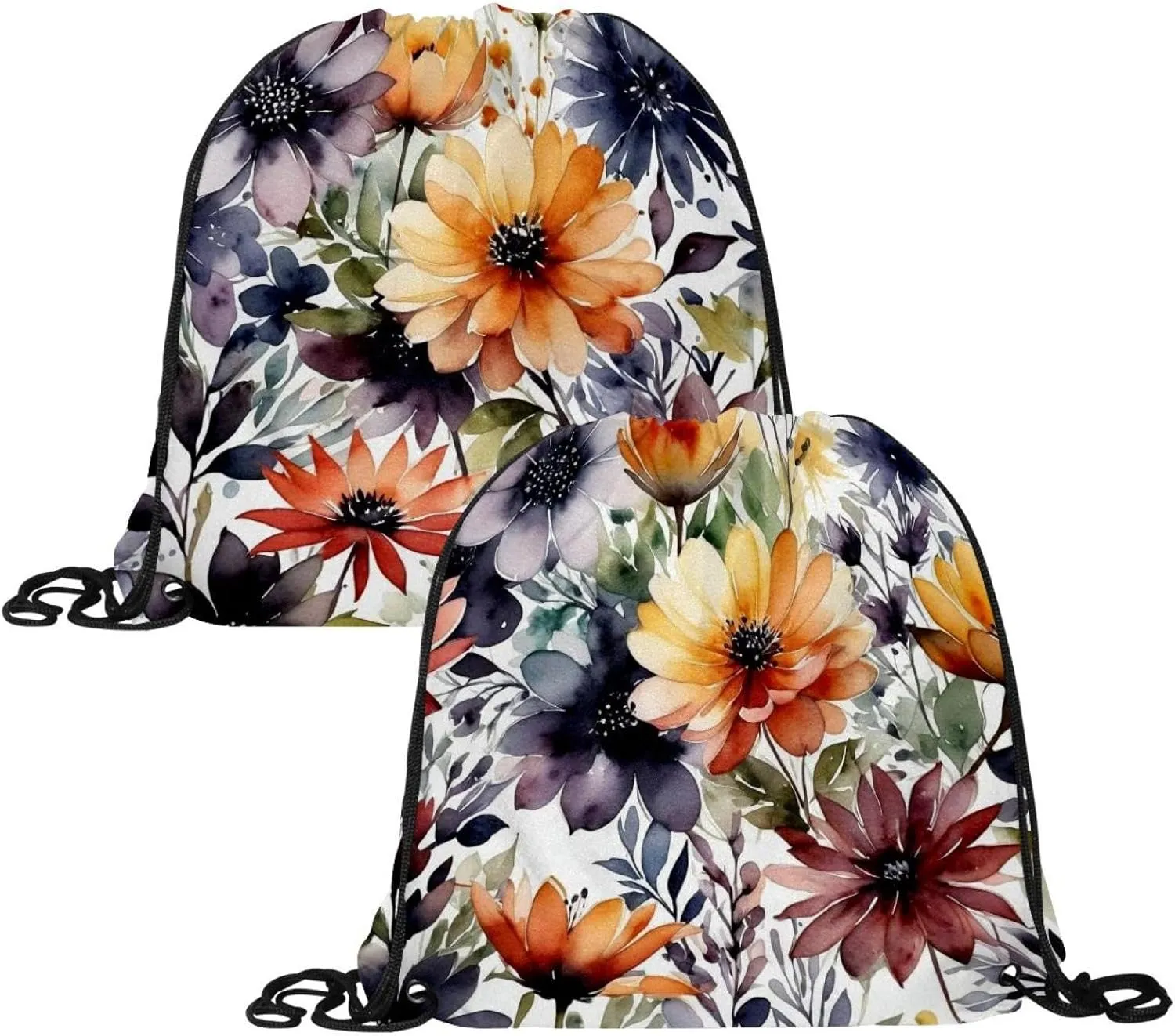 2PCS Flowers and Green Leaves Draw String Bags Drawstring Backpack for Sports, Gym, Travel, Swimming, Beach