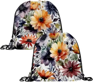 2PCS Flowers and Green Leaves Draw String Bags Drawstring Backpack for Sports, Gym, Travel, Swimming, Beach