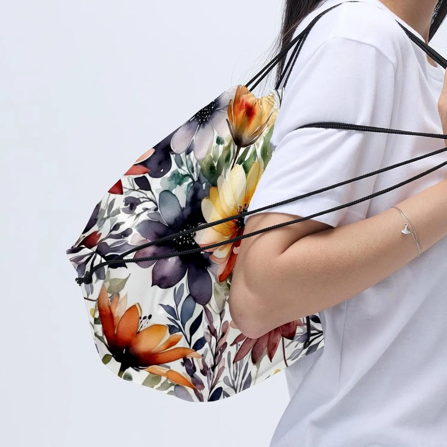 2PCS Flowers and Green Leaves Draw String Bags Drawstring Backpack for Sports, Gym, Travel, Swimming, Beach