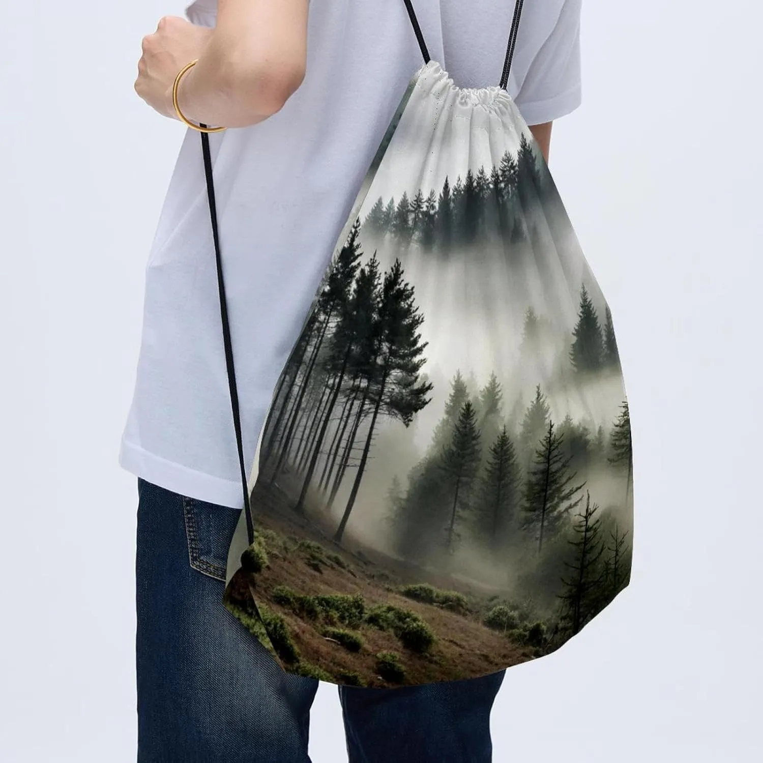 2PCS Misty Pine Forest on the Mountain Slope in a Nature Reserve Draw String Bags Drawstring Backpack for Sports, Gym, Travel, Swimming, Beach