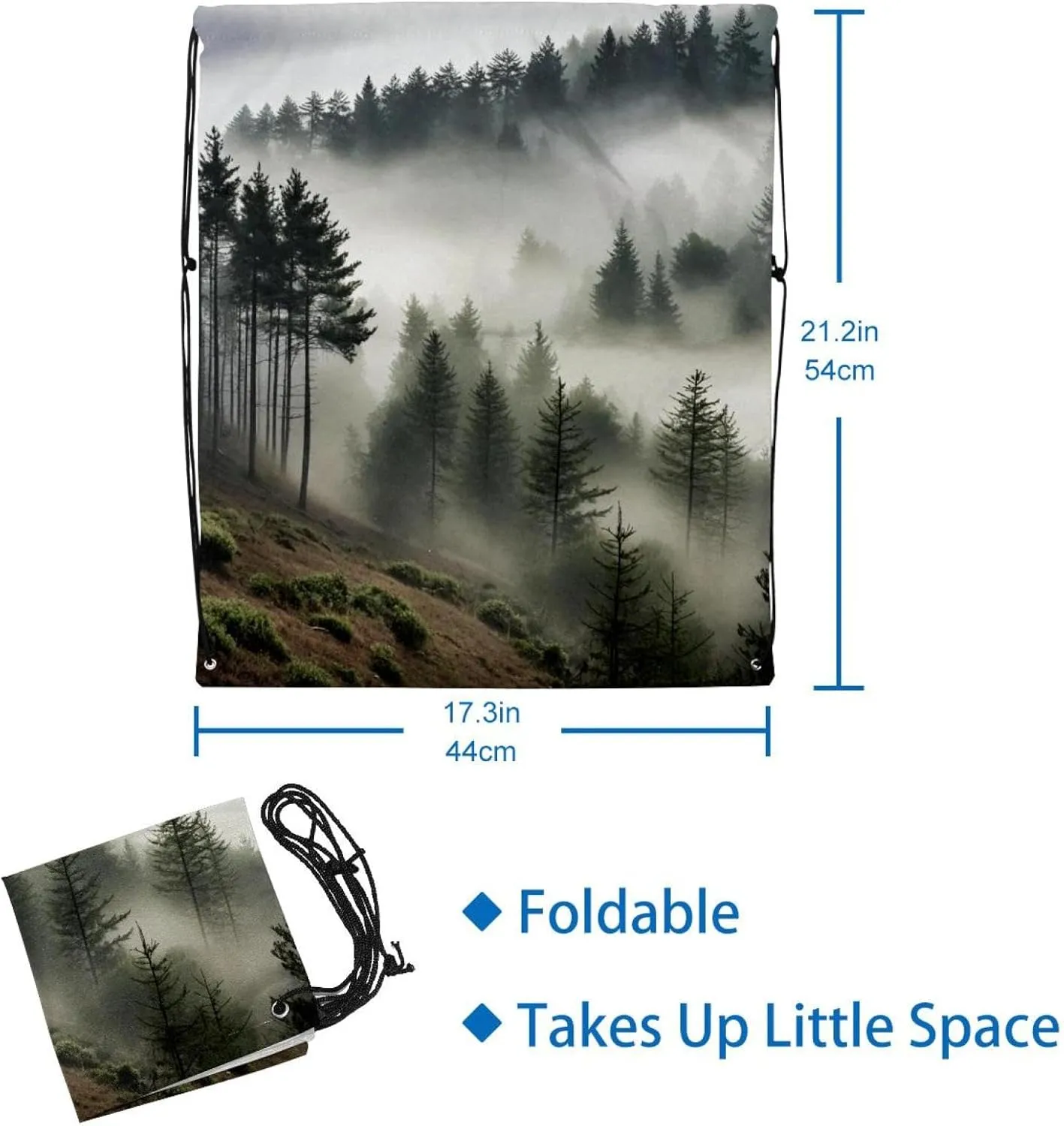 2PCS Misty Pine Forest on the Mountain Slope in a Nature Reserve Draw String Bags Drawstring Backpack for Sports, Gym, Travel, Swimming, Beach