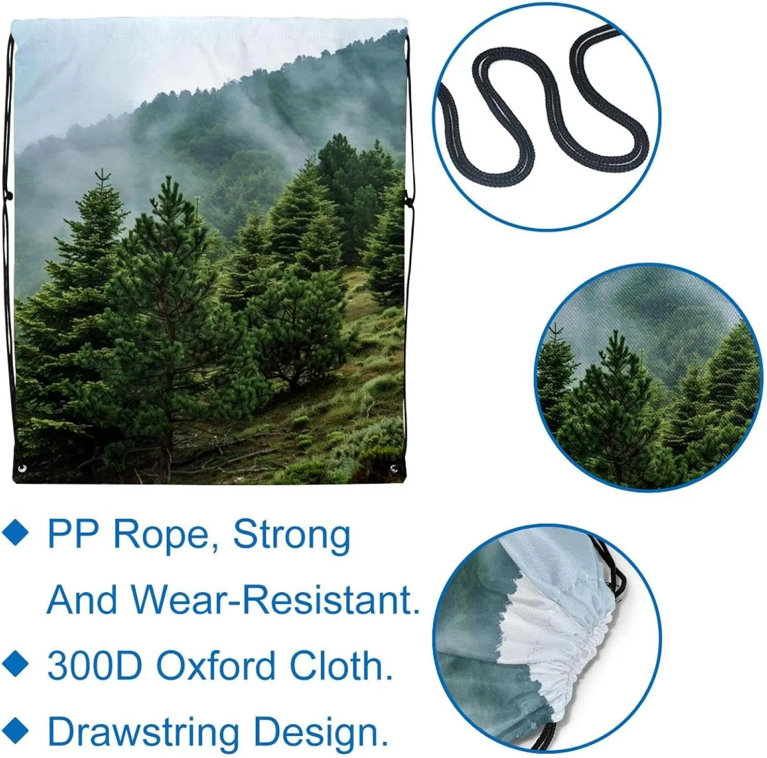 2PCS Misty Pine Forest on the Mountain Slope in a Nature Reserve Draw String Bags Drawstring Backpack for Sports, Gym, Travel, Swimming, Beach