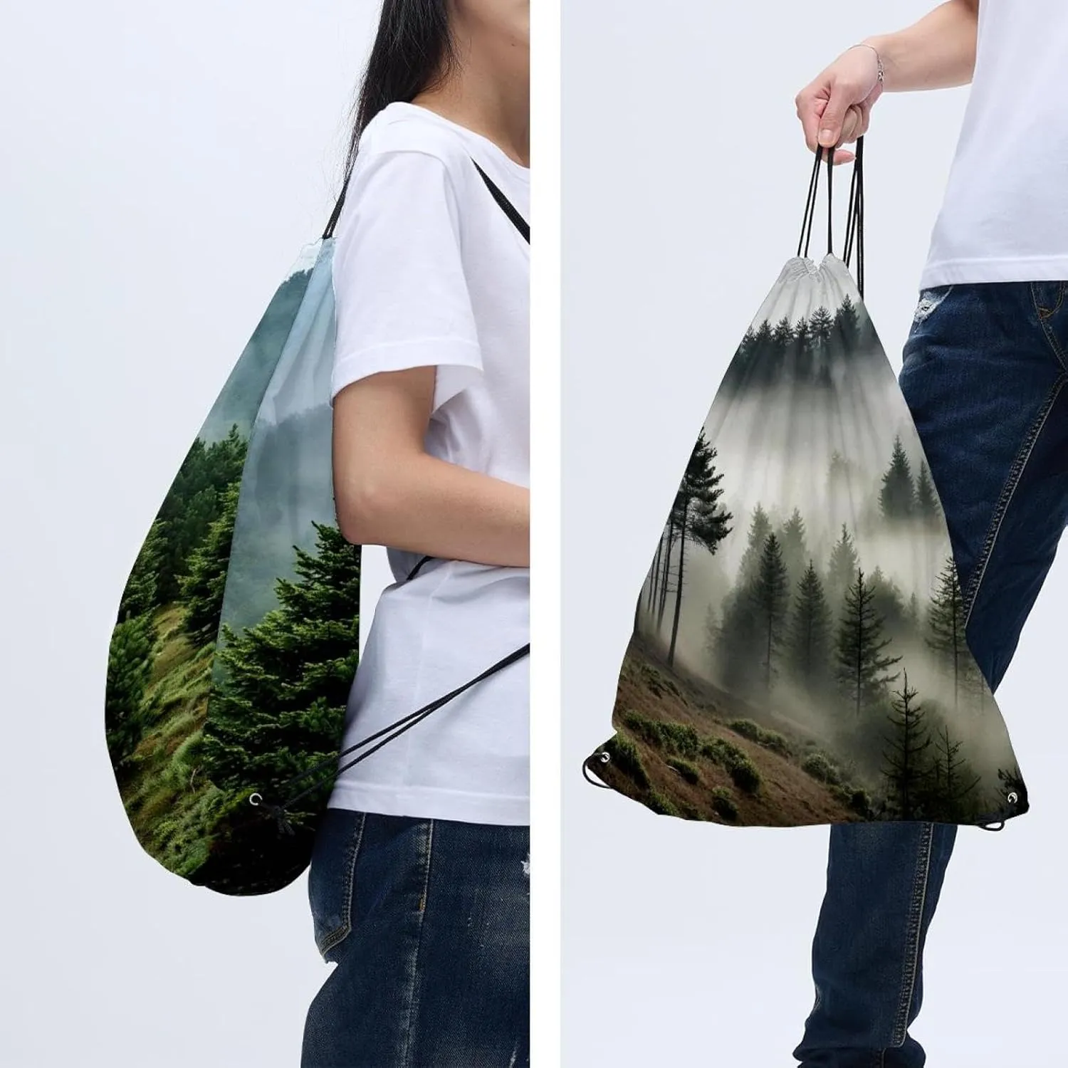 2PCS Misty Pine Forest on the Mountain Slope in a Nature Reserve Draw String Bags Drawstring Backpack for Sports, Gym, Travel, Swimming, Beach