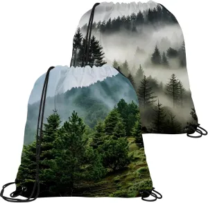 2PCS Misty Pine Forest on the Mountain Slope in a Nature Reserve Draw String Bags Drawstring Backpack for Sports, Gym, Travel, Swimming, Beach
