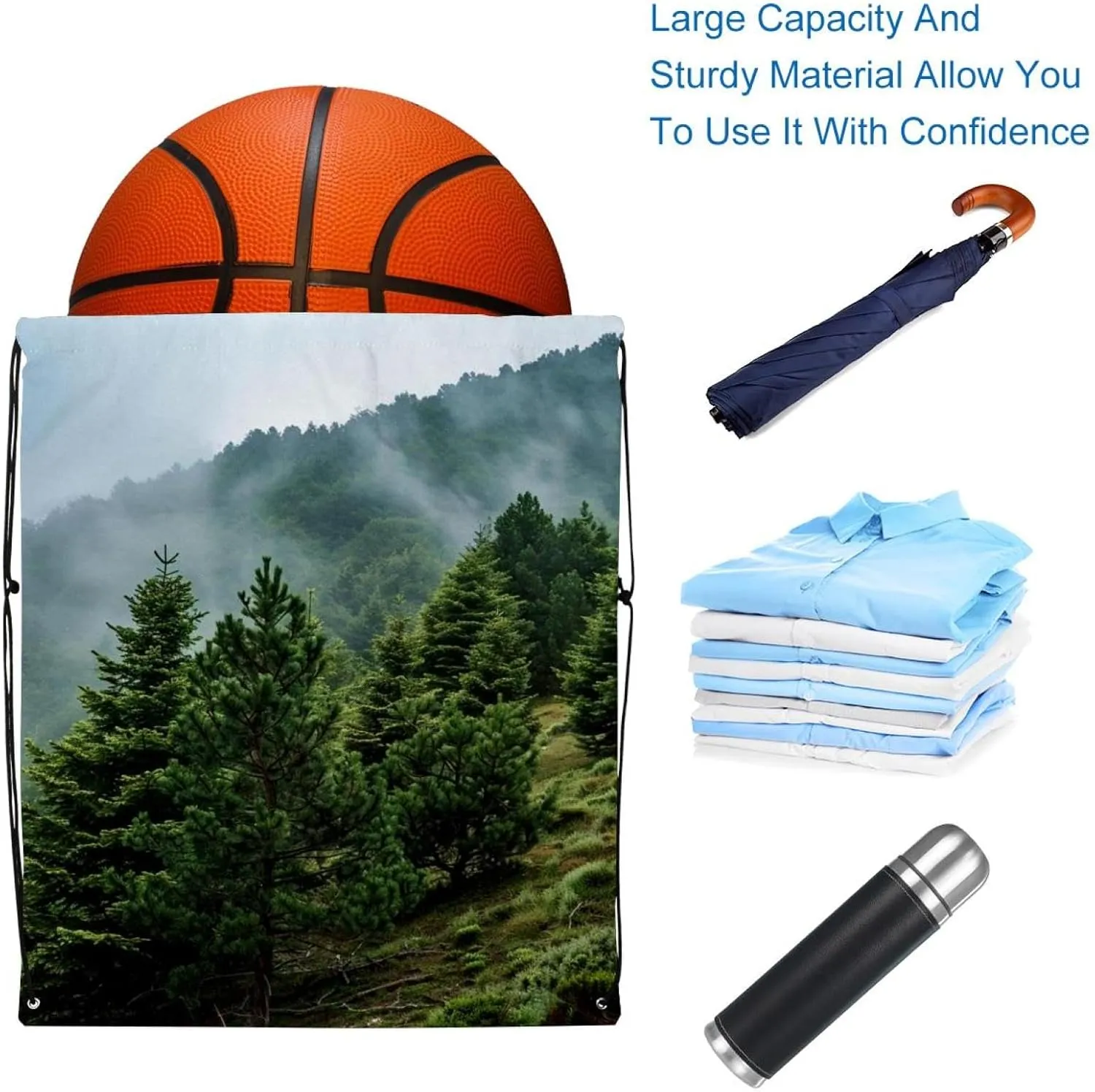 2PCS Misty Pine Forest on the Mountain Slope in a Nature Reserve Draw String Bags Drawstring Backpack for Sports, Gym, Travel, Swimming, Beach