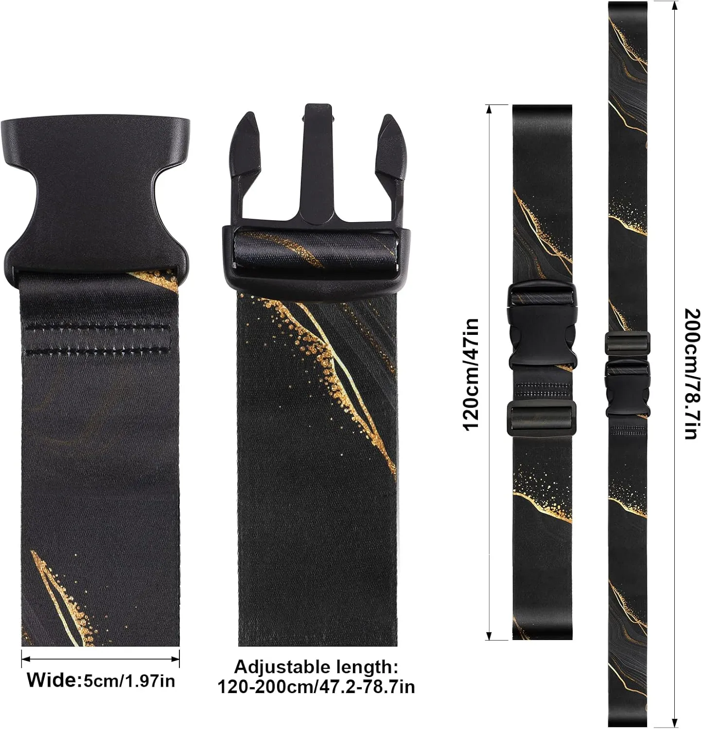 2X Luggage Straps with 1x Leather Luggage Tag, Adjustable TSA Approved Luggage Strap Belt for Suitcases/Travel Bags/Uprights/Duffels (Black Gold)