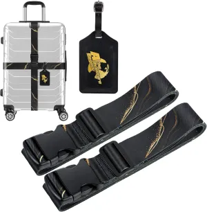 2X Luggage Straps with 1x Leather Luggage Tag, Adjustable TSA Approved Luggage Strap Belt for Suitcases/Travel Bags/Uprights/Duffels (Black Gold)