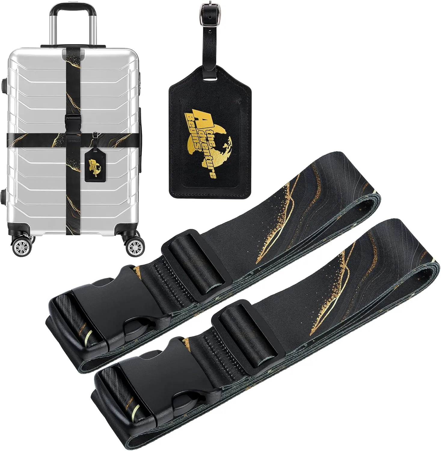 2X Luggage Straps with 1x Leather Luggage Tag, Adjustable TSA Approved Luggage Strap Belt for Suitcases/Travel Bags/Uprights/Duffels (Black Gold)