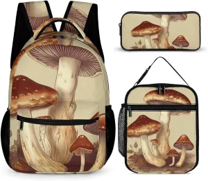 3 Pcs Backpack Set Vintage Edible Mushrooms Travel Bag Portable Casual Daypack Sports Backpacks with Lunch Box Pencil Case
