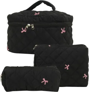 3 Pcs Cotton Quilted Makeup Bag Set, Floral Cotton Cosmetic Bag, Aesthetic Toiletry Travel Organizer Bag for Women (Black Bow)