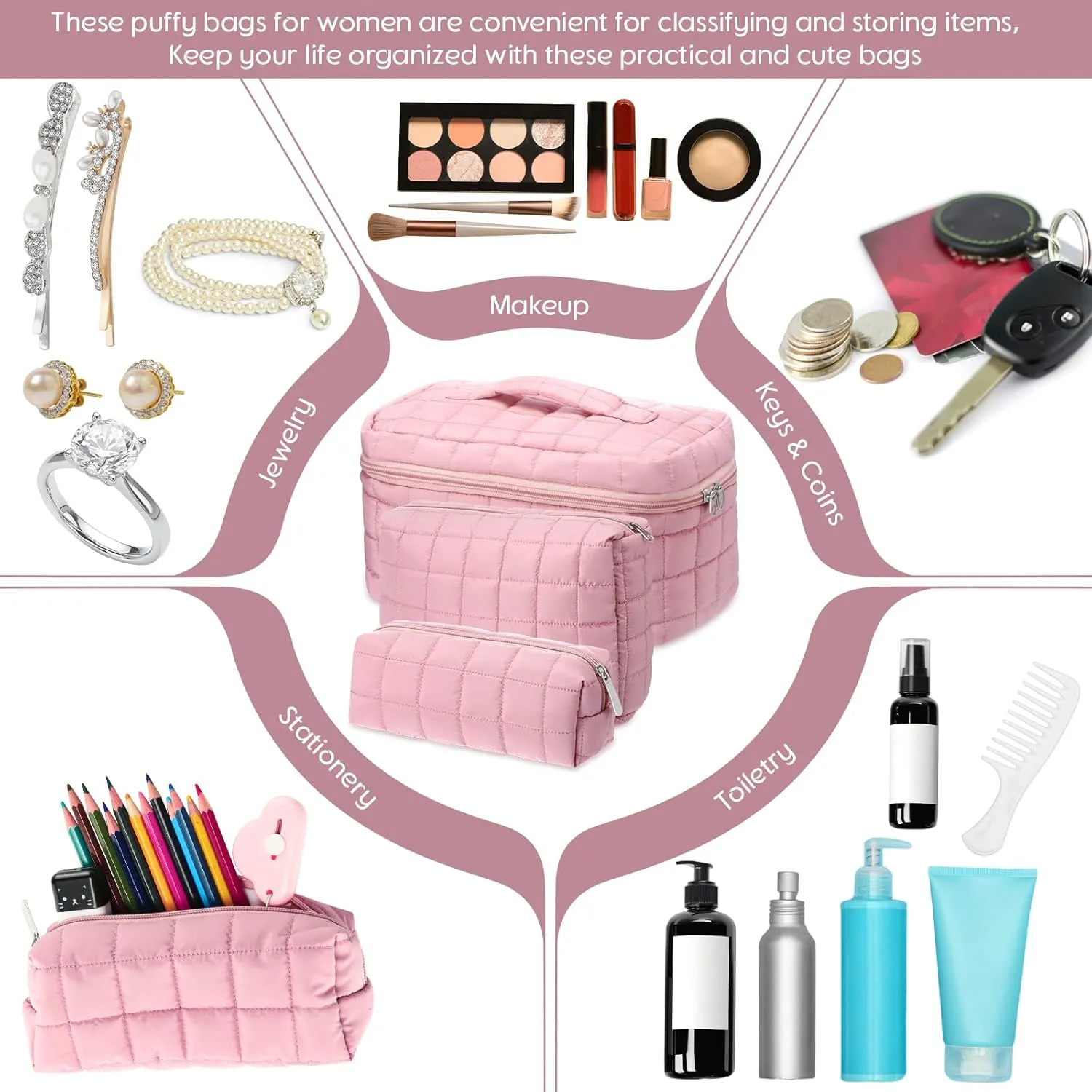3 Pcs Large Puffy Makeup Bag Set Quilted Cosmetic Pouch for Women Cute Checkered Travel Toiletry Bag Puffer Makeup Organizer Purse Pouch Preppy Pencil Case with Zipper (Pink)